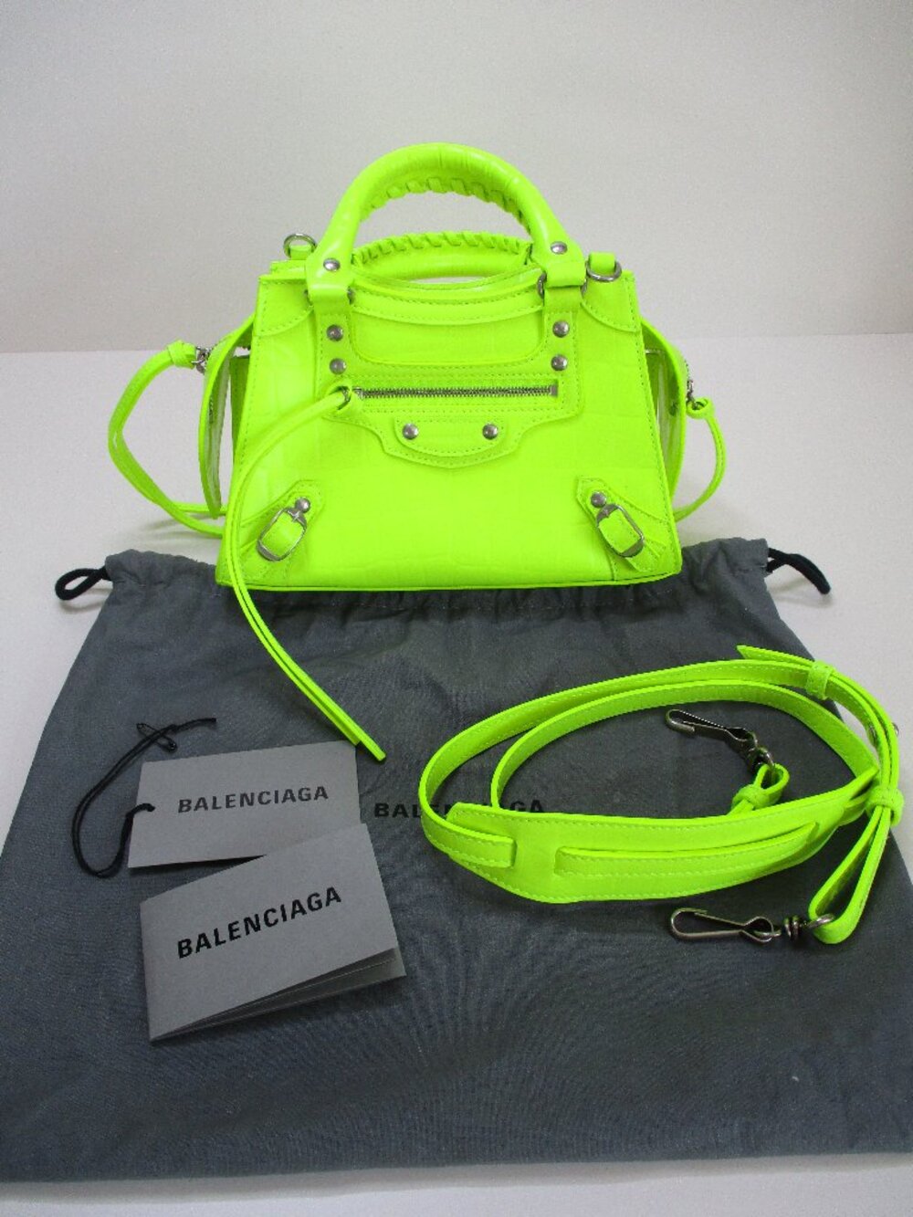 Auth Balenciaga Neo Classic City Mini Handbag Crossbody Bag Neon Yellow Cute!